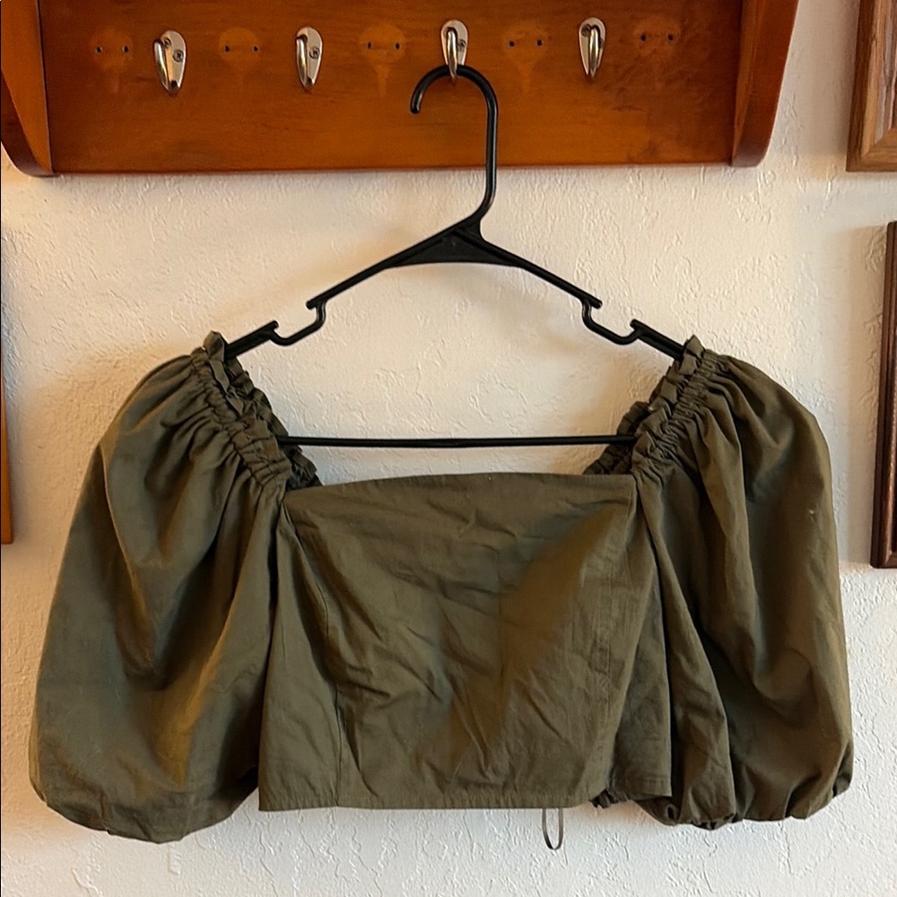 Olive Green Puff Sleeve Crop Top